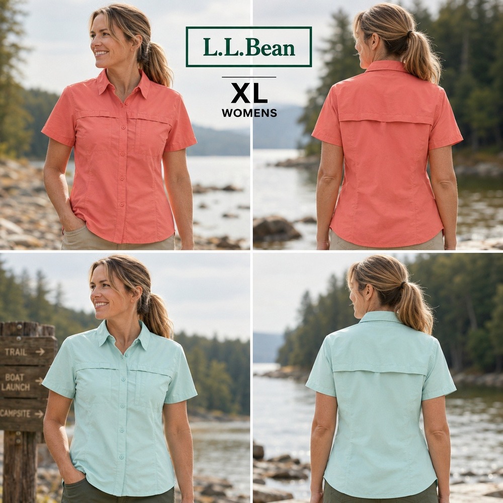 LL Bean Womens XL Short‎ Sleeve Fishing Hiking Shirt Lot 2 Coral Mint 293292